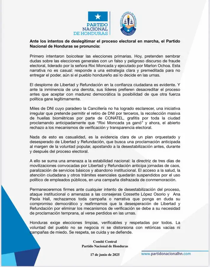 Comunicado Partido Nacional
